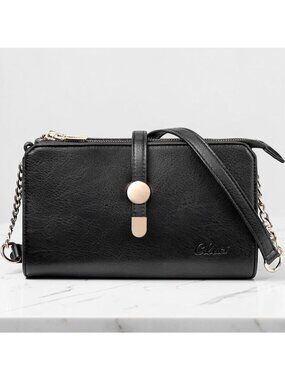 Cluci Faux Leather Black Crossbody Bag Multi Pocket Adjustable Strap Organizer